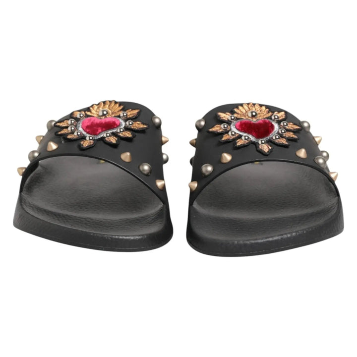 Dolce &amp; Gabbana Sample Sale | Dolce &amp; Gabbana Black Heart Patch Rubber Calfskin Slippers Shoes - | Designer outlet
