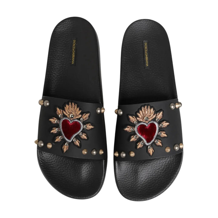 Dolce &amp; Gabbana Sample Sale | Dolce &amp; Gabbana Black Heart Patch Rubber Calfskin Slippers Shoes - | Designer outlet