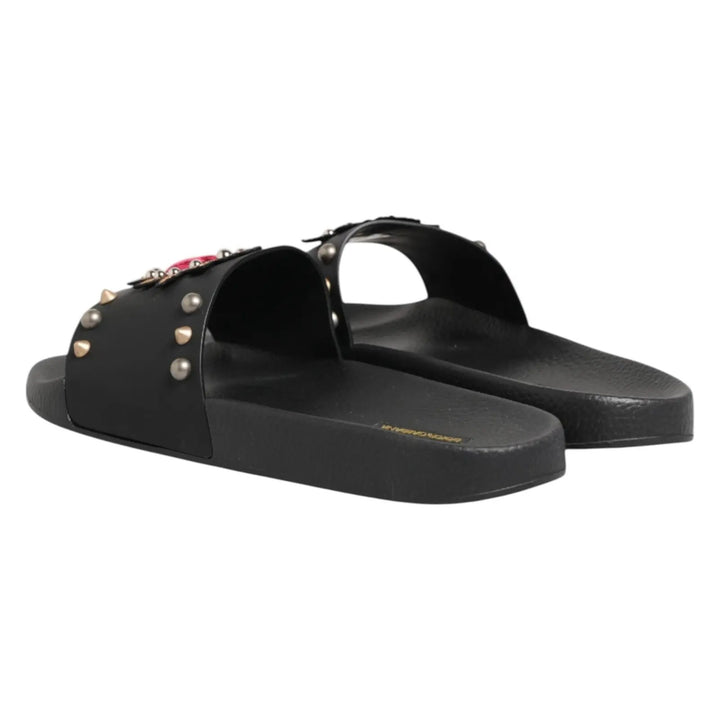Dolce &amp; Gabbana Sample Sale | Dolce &amp; Gabbana Black Heart Patch Rubber Calfskin Slippers Shoes - | Designer outlet