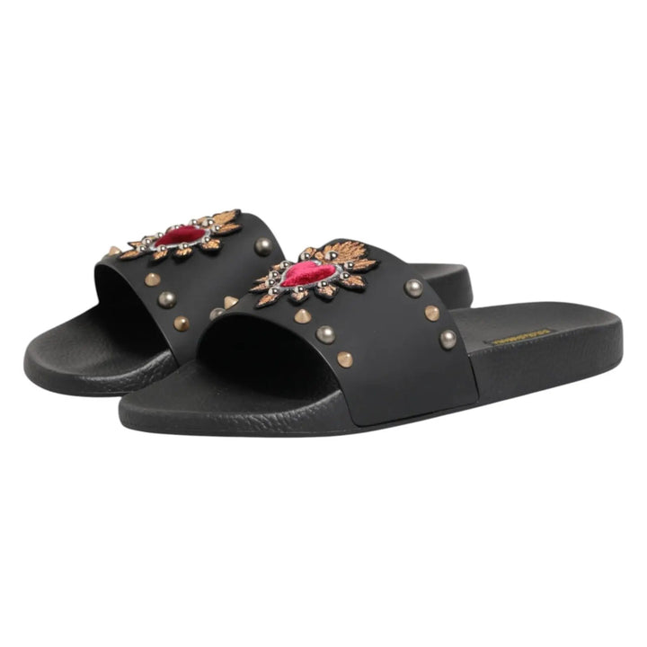 Dolce &amp; Gabbana Sample Sale | Dolce &amp; Gabbana Black Heart Patch Rubber Calfskin Slippers Shoes - | Designer outlet