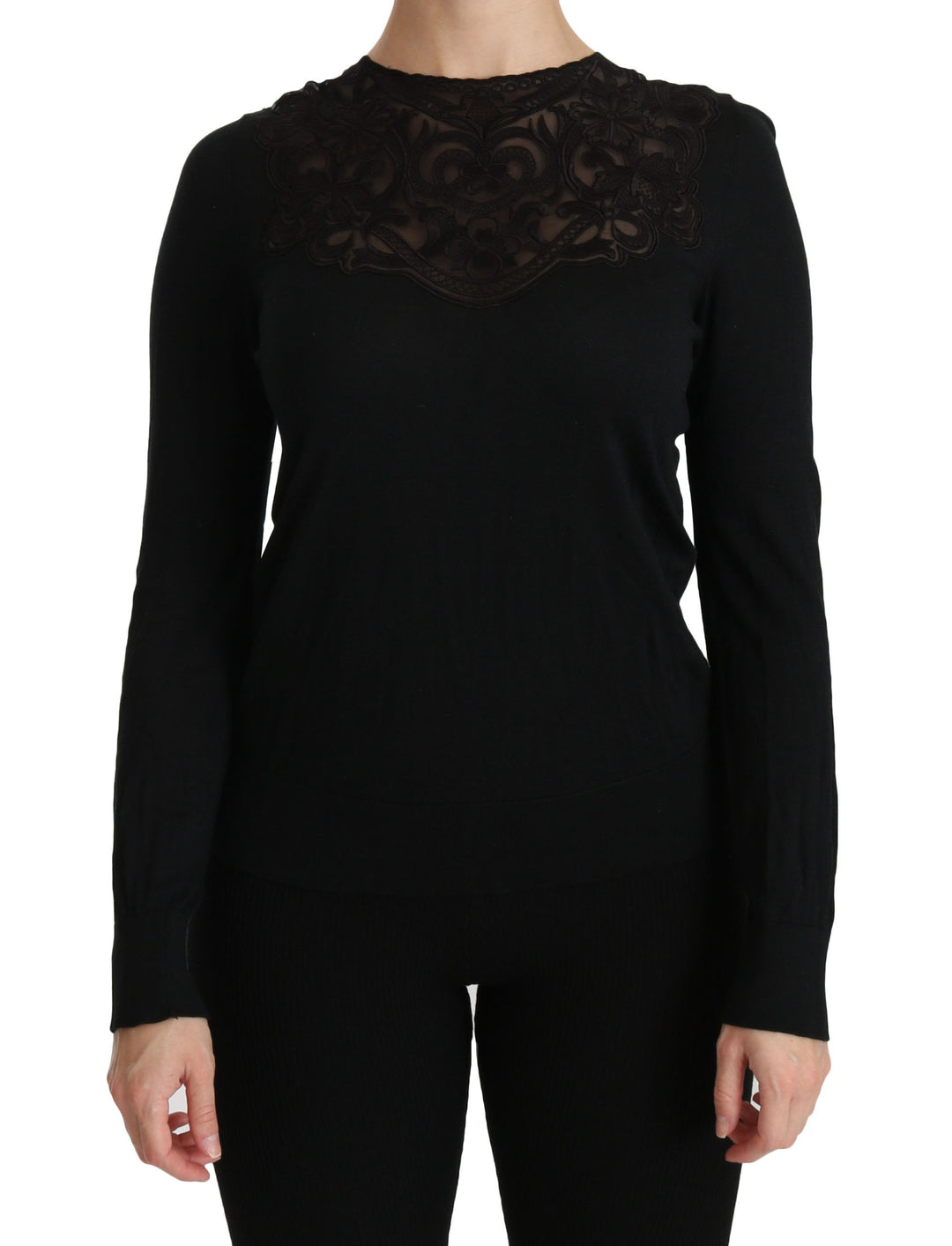 Dolce &amp; Gabbana Sample Sale Dolce &amp; Gabbana Black Silk Lace Crew Neck Long Sleeve Blouse - | Designer outlet