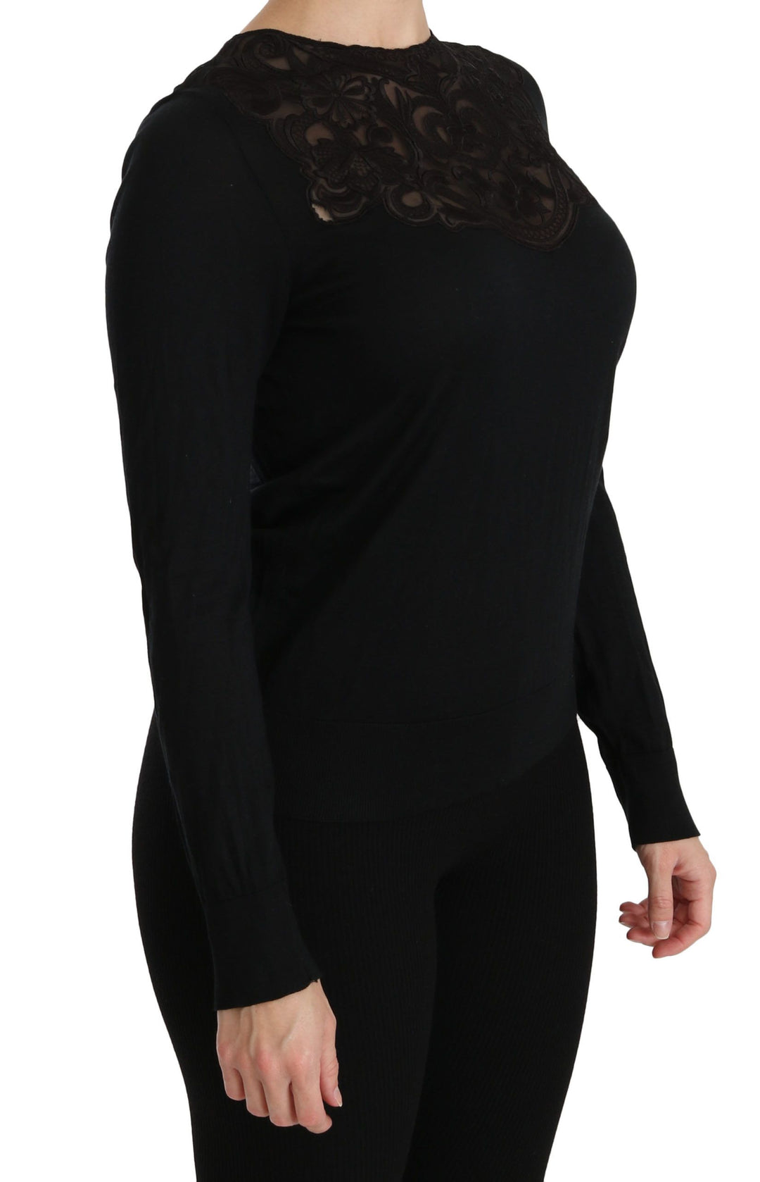 Dolce &amp; Gabbana Sample Sale Dolce &amp; Gabbana Black Silk Lace Crew Neck Long Sleeve Blouse - | Designer outlet