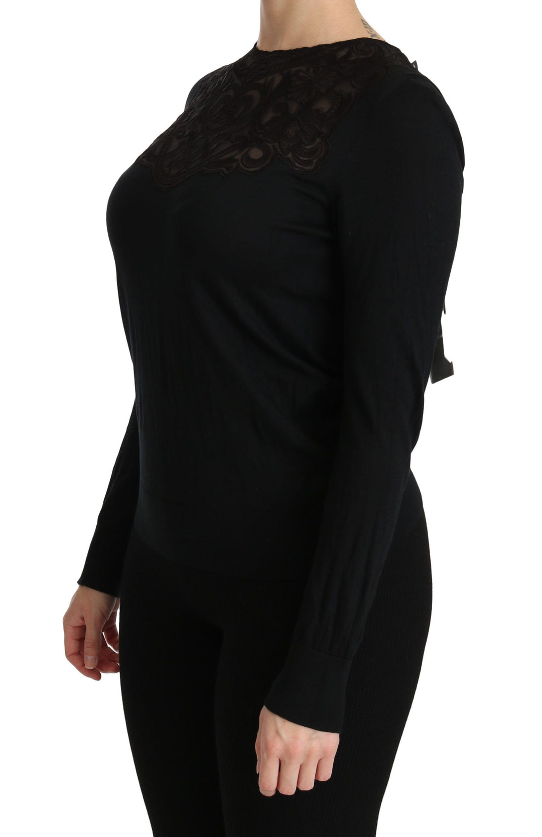 Dolce &amp; Gabbana Sample Sale Dolce &amp; Gabbana Black Silk Lace Crew Neck Long Sleeve Blouse - | Designer outlet