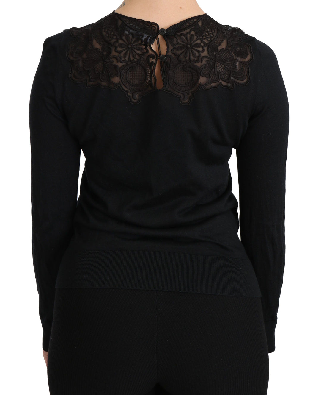 Dolce &amp; Gabbana Sample Sale Dolce &amp; Gabbana Black Silk Lace Crew Neck Long Sleeve Blouse - | Designer outlet