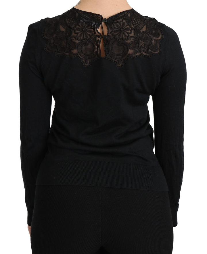 Dolce &amp; Gabbana Sample Sale Dolce &amp; Gabbana Black Silk Lace Crew Neck Long Sleeve Blouse - | Designer outlet