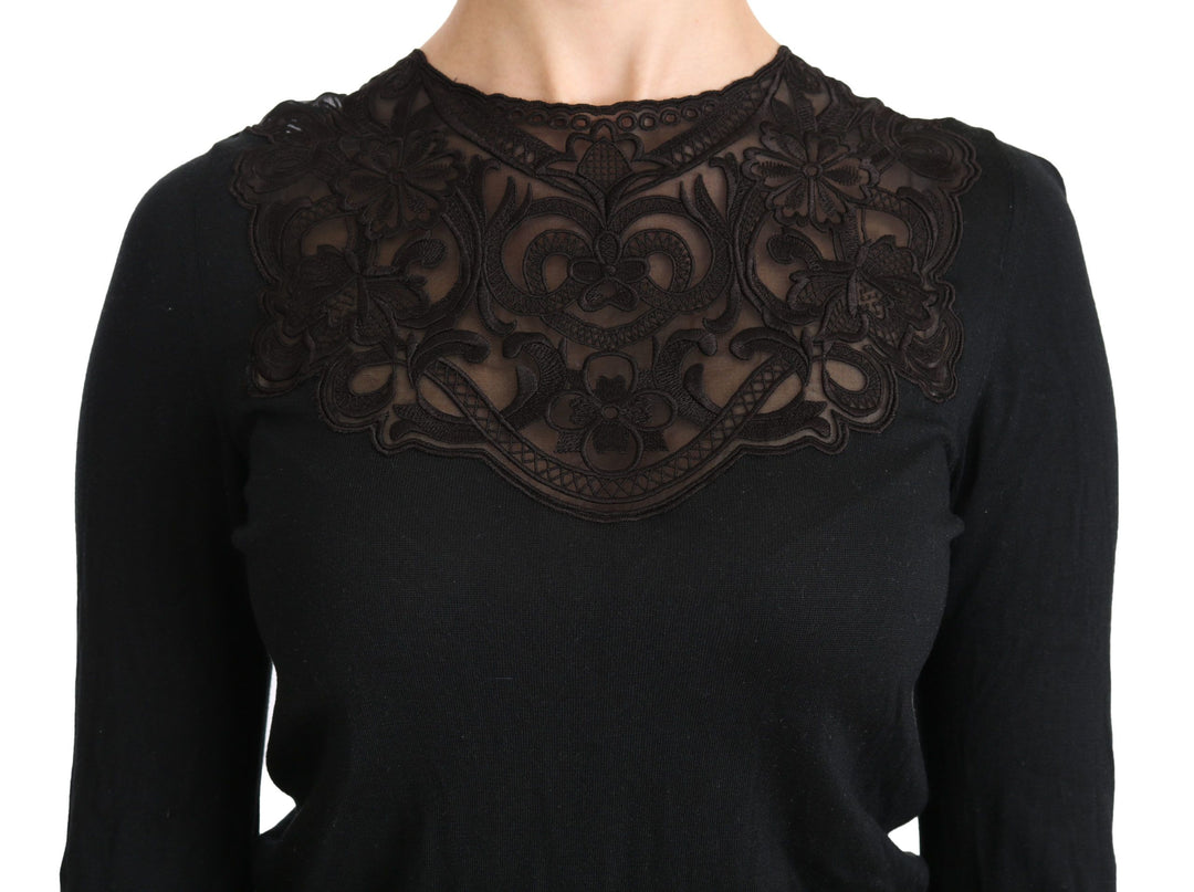 Dolce &amp; Gabbana Sample Sale Dolce &amp; Gabbana Black Silk Lace Crew Neck Long Sleeve Blouse - | Designer outlet