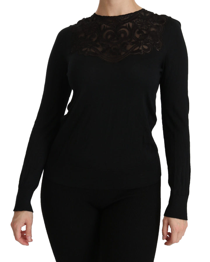 Dolce &amp; Gabbana Sample Sale Dolce &amp; Gabbana Black Silk Lace Crew Neck Long Sleeve Blouse - | Designer outlet