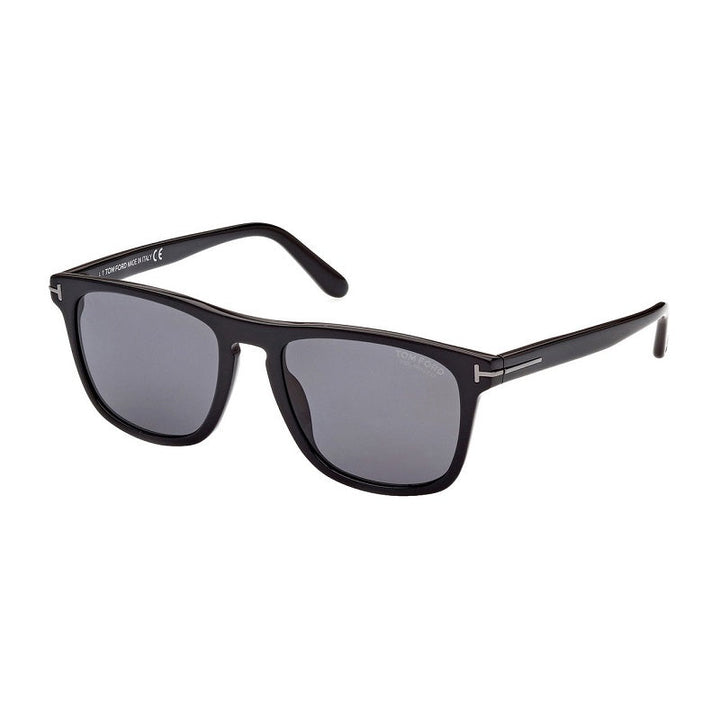 Tom Ford Square Full Rim, with a Shiny Black frame and Polarized Smoke lens.