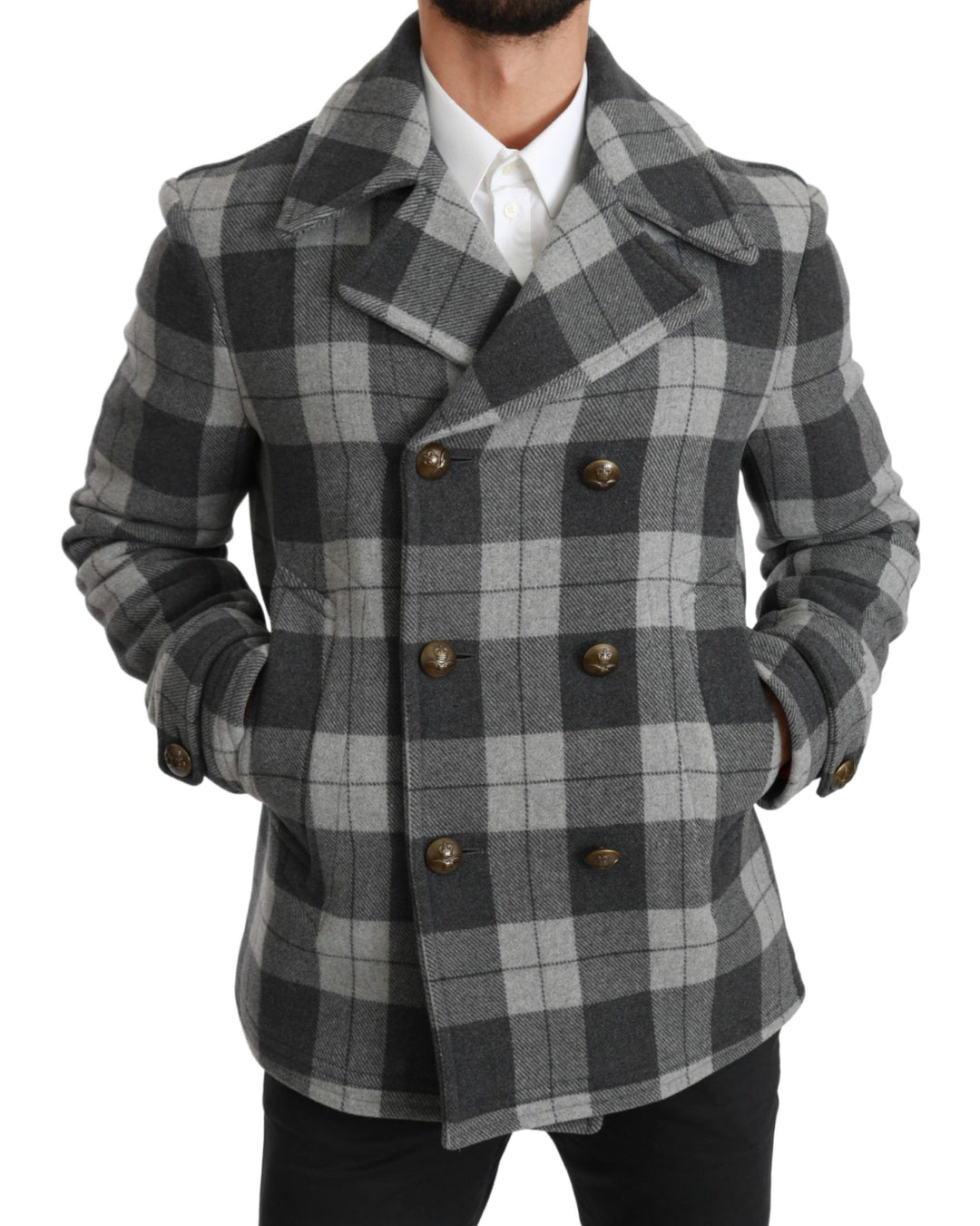 Dolce & Gabbana - Dolce & Gabbana Elegant Gray Check Double Breasted Coat - JKT2531 - 44 - Ask Me Wear