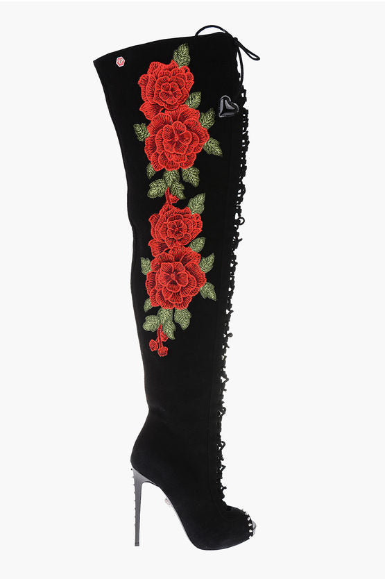 Philipp Plein 12cm leather ROSES SHOW Peep Toe Lace-up boots