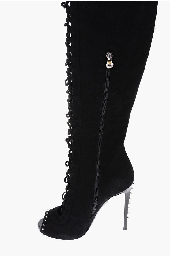 Philipp Plein 12cm leather ROSES SHOW Peep Toe Lace-up boots