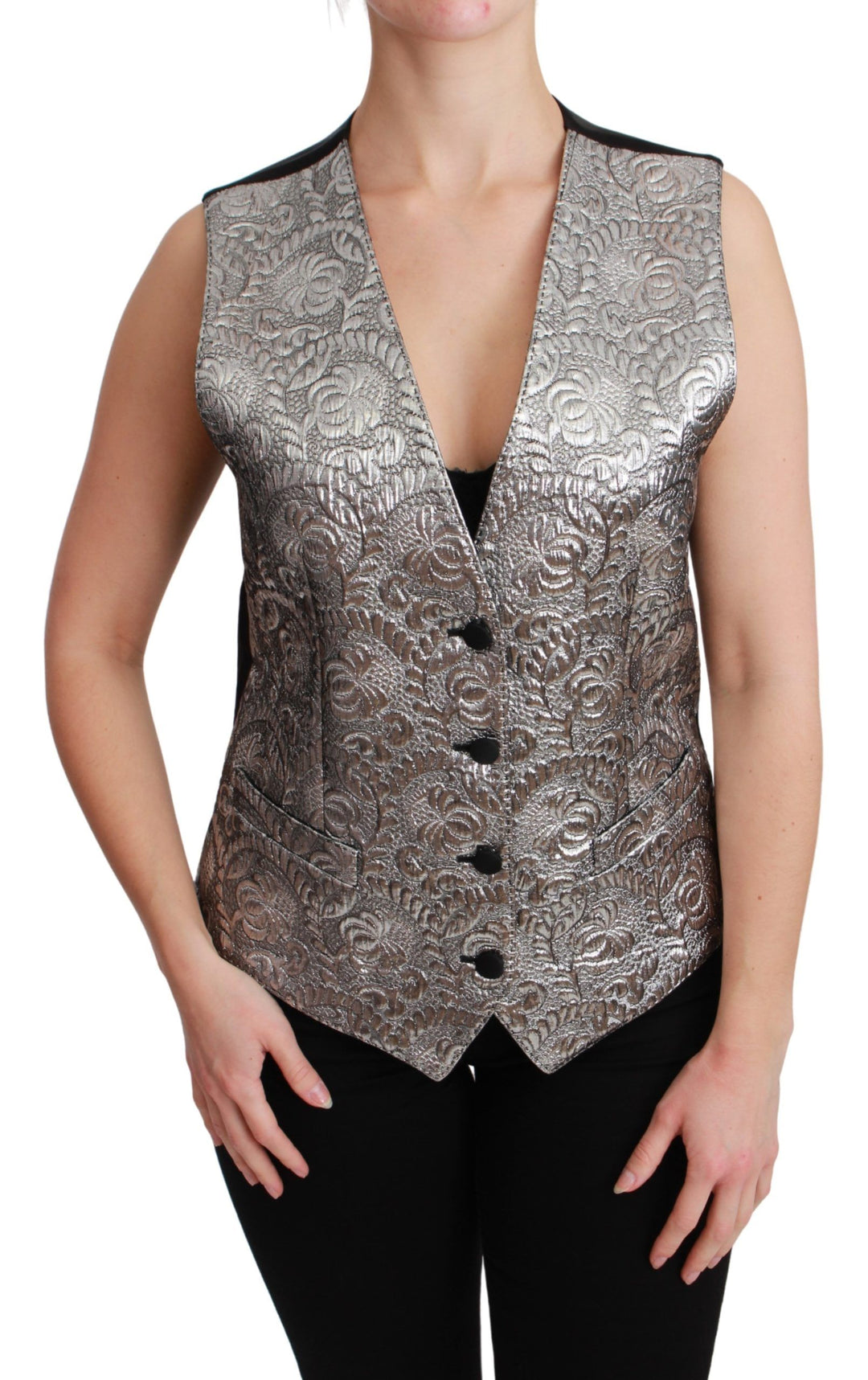 Dolce &amp; Gabbana Silver Brocade Sleeveless Metallic Top by Dolce &amp; Gabbana outlet now on sale