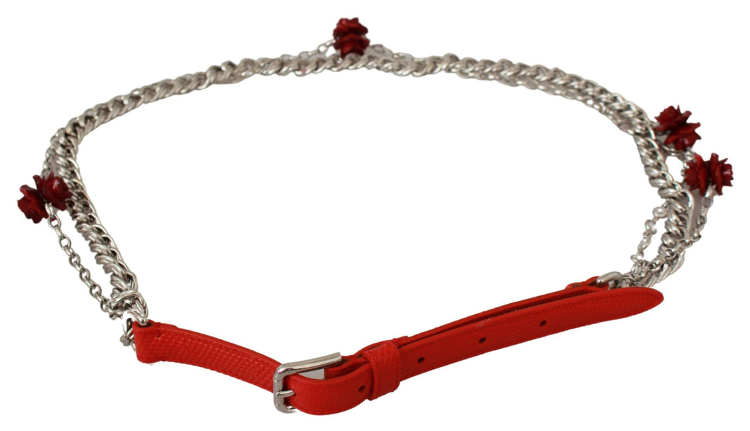 Dolce &amp; Gabbana Sample Sale Dolce &amp; Gabbana Red Leather Roses Floral Silver Waist Belt - | Designer outlet