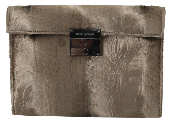 Dolce & Gabbana - Dolce & Gabbana Beige Velvet Croco - Print Leather Briefcase Clutch - VAS9860 - Ask Me Wear