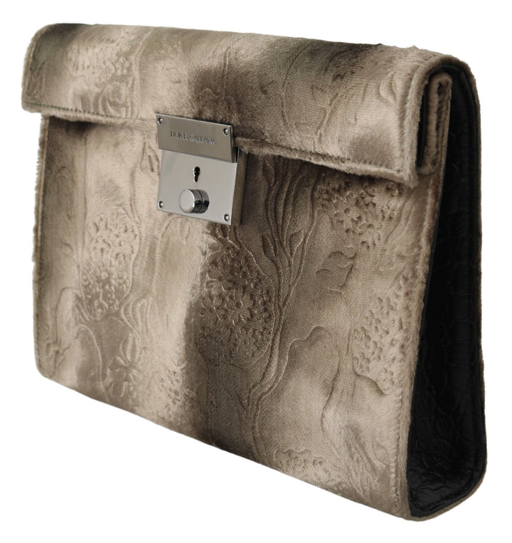 Dolce & Gabbana - Dolce & Gabbana Beige Velvet Croco - Print Leather Briefcase Clutch - VAS9860 - Ask Me Wear