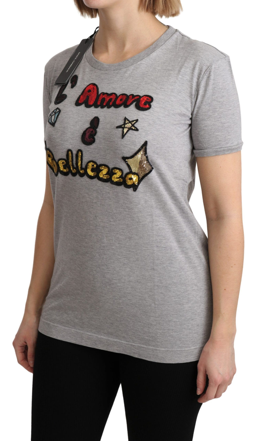 Dolce &amp; Gabbana Sample Sale Dolce &amp; Gabbana Gray Cotton Amore e Bellezza Top T-shirt - | Designer outlet