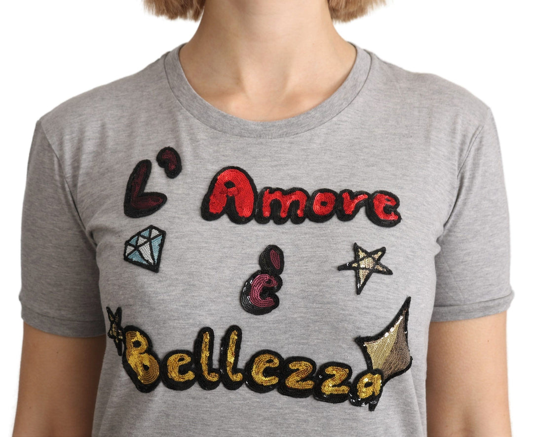 Dolce &amp; Gabbana Sample Sale Dolce &amp; Gabbana Gray Cotton Amore e Bellezza Top T-shirt - | Designer outlet