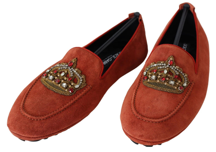 Dolce & Gabbana Orange Leather Crystal Crown Loafers Shoes by Dolce & Gabbana outlet now on sale