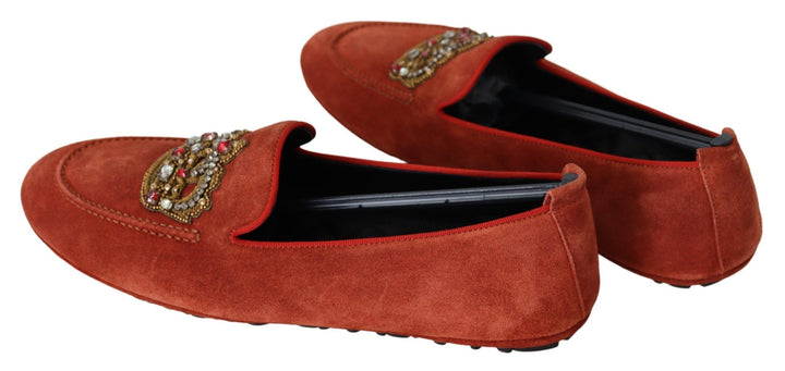 Dolce & Gabbana Orange Leather Crystal Crown Loafers Shoes by Dolce & Gabbana outlet now on sale
