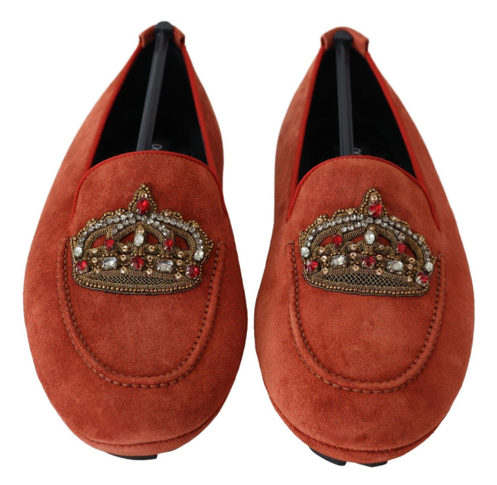 Dolce & Gabbana Orange Leather Crystal Crown Loafers Shoes by Dolce & Gabbana outlet now on sale