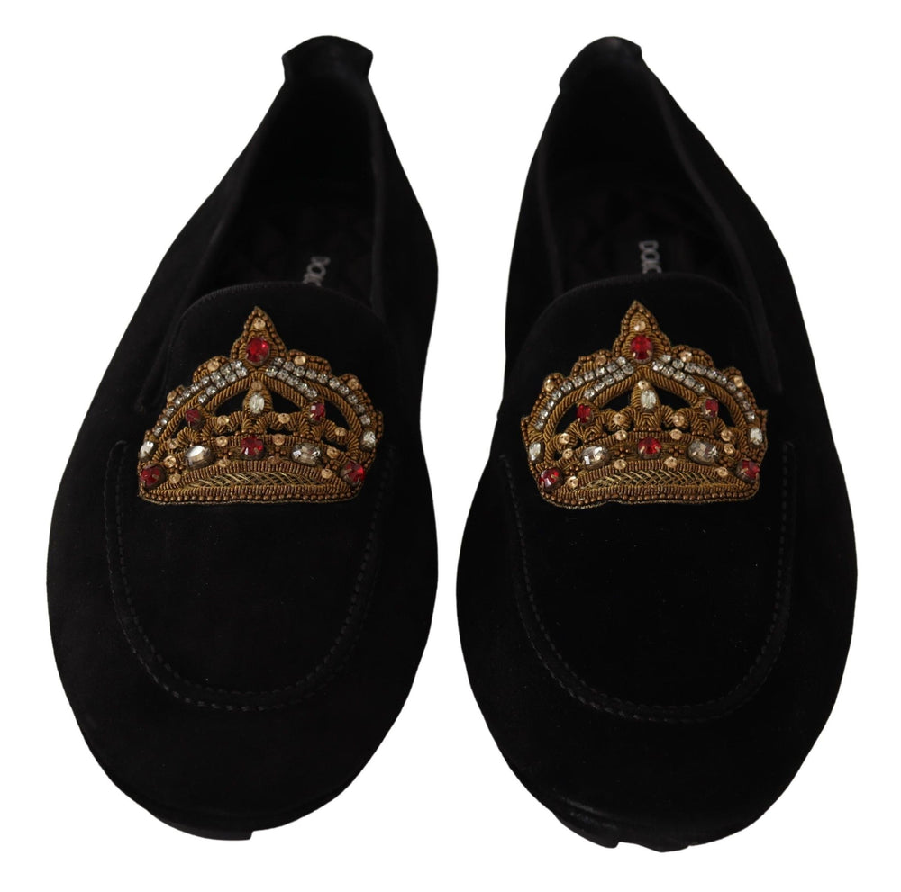 Dolce & Gabbana Black Leather Crystal Gold Crown Loafers Shoes by Dolce & Gabbana outlet now on sale