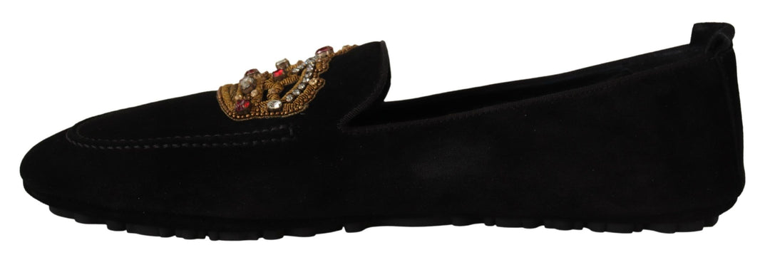 Dolce & Gabbana Black Leather Crystal Gold Crown Loafers Shoes by Dolce & Gabbana outlet now on sale