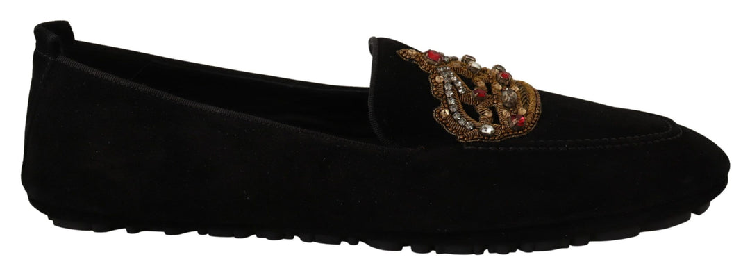 Dolce & Gabbana Black Leather Crystal Gold Crown Loafers Shoes by Dolce & Gabbana outlet now on sale
