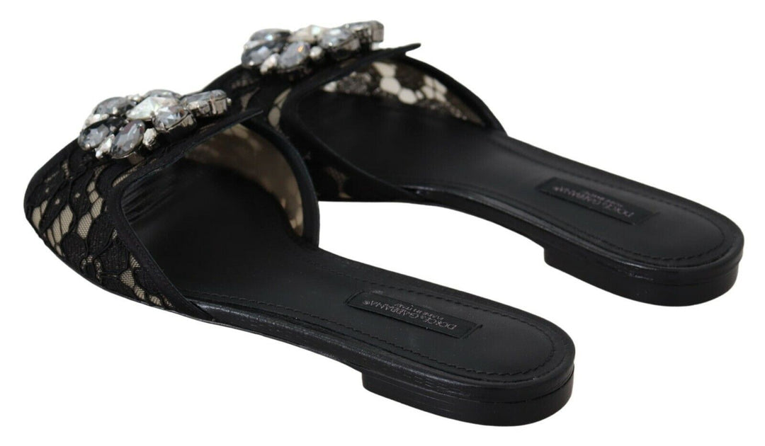 Dolce & Gabbana Elegant Black Lace Mules with Jewel Flower Detail