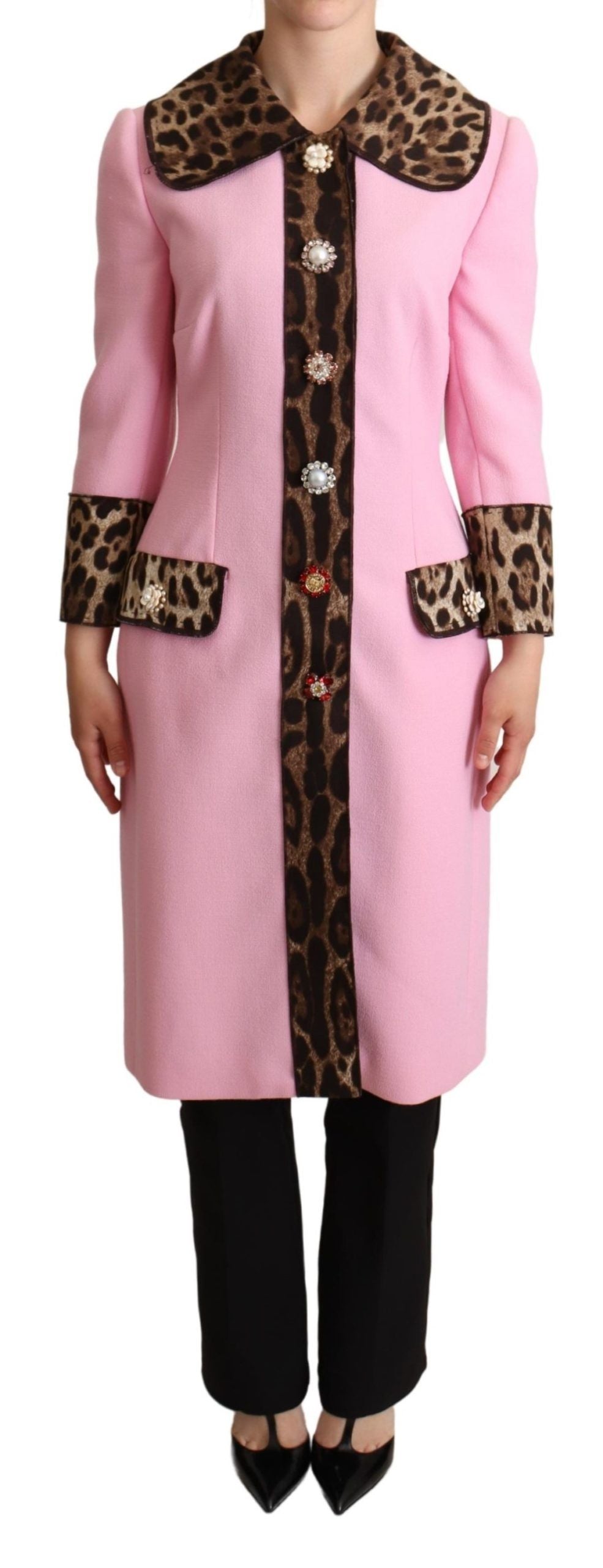 Dolce & Gabbana - Dolce & Gabbana Chic Pink Leopard Trench with Crystal Buttons - JKT2973 - 38 - Ask Me Wear