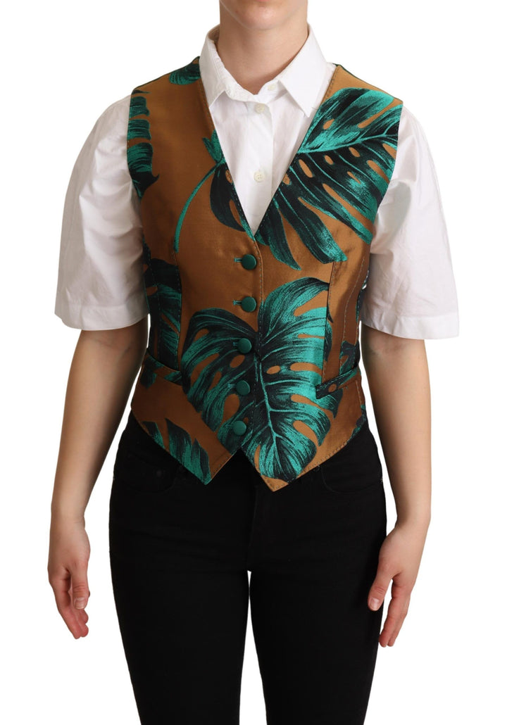 Dolce &amp; Gabbana Sample Sale Dolce &amp; Gabbana Green Jacquard Leaf Gold Waistcoat Vest - | Designer outlet