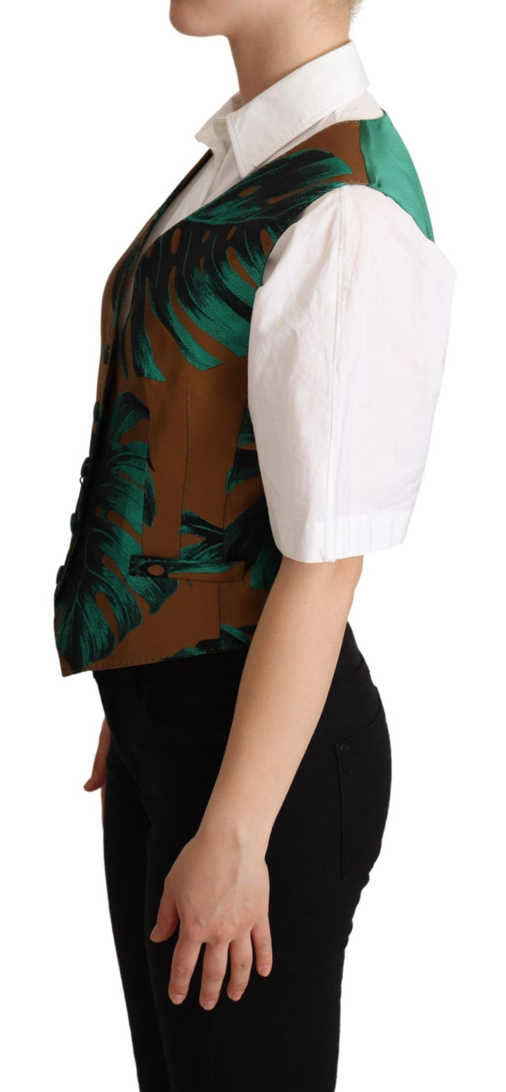 Dolce &amp; Gabbana Sample Sale Dolce &amp; Gabbana Green Jacquard Leaf Gold Waistcoat Vest - | Designer outlet