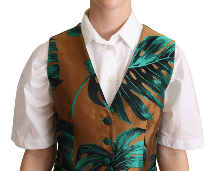Dolce &amp; Gabbana Sample Sale Dolce &amp; Gabbana Green Jacquard Leaf Gold Waistcoat Vest - | Designer outlet