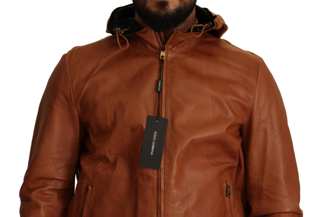 Dolce & Gabbana - Dolce & Gabbana Elegant Brown Leather Bomber Jacket - JKT2871 - 48 - Ask Me Wear