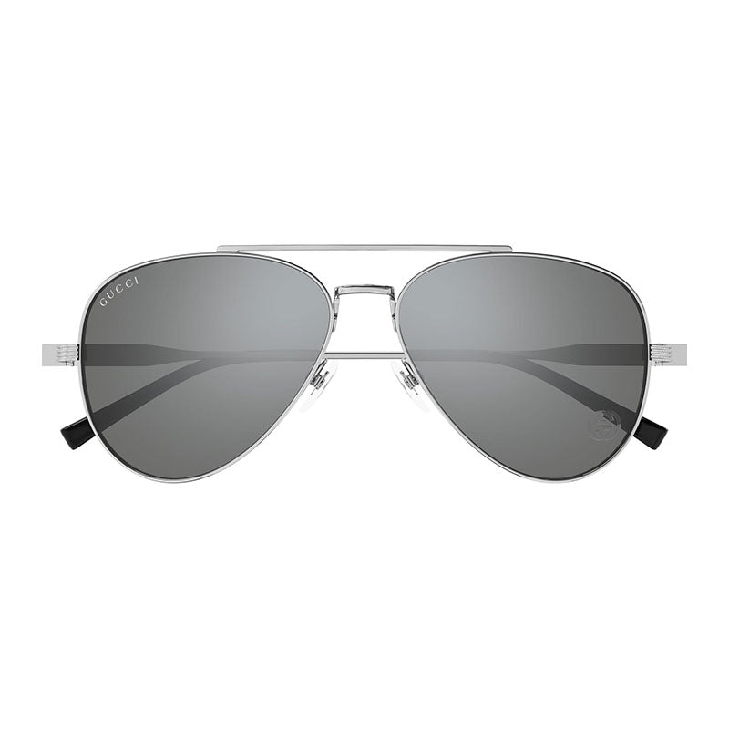 Gucci Aviator Full Rim, with a Silver frame and Silver Mirror lens.