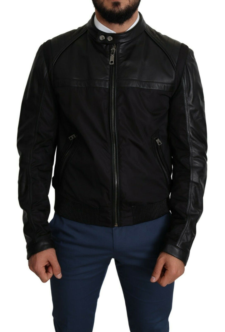 Dolce & Gabbana - Dolce & Gabbana Elegant Black Bomber with Leather Accents - JKT2759 - 48 - Ask Me Wear