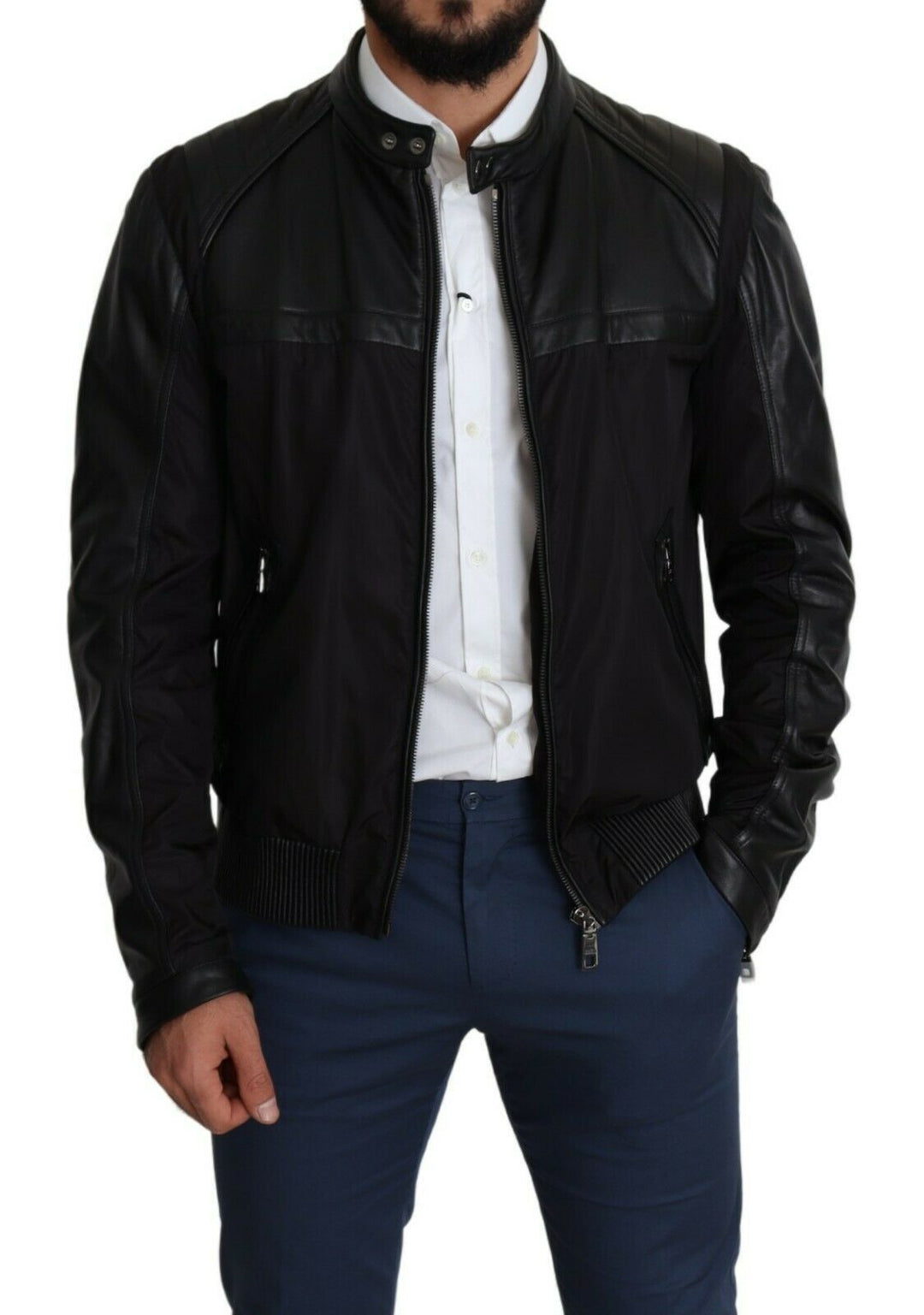 Dolce & Gabbana - Dolce & Gabbana Elegant Black Bomber with Leather Accents - JKT2759 - 48 - Ask Me Wear