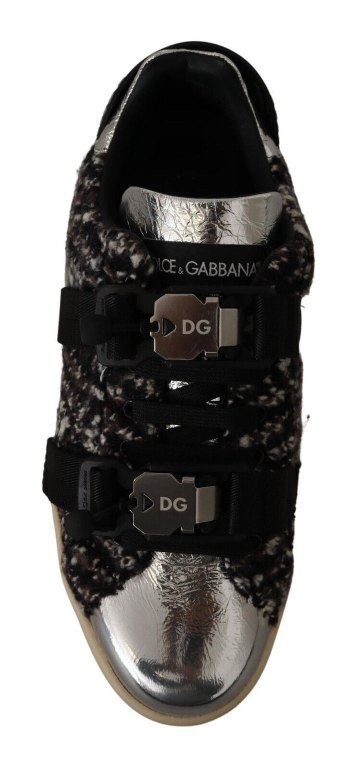 Dolce &amp; Gabbana Sample Sale Dolce &amp; Gabbana Silver Leather Brown Cotton Wool Sneakers Shoes - | Designer outlet