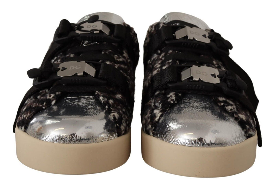 Dolce &amp; Gabbana Sample Sale Dolce &amp; Gabbana Silver Leather Brown Cotton Wool Sneakers Shoes - | Designer outlet