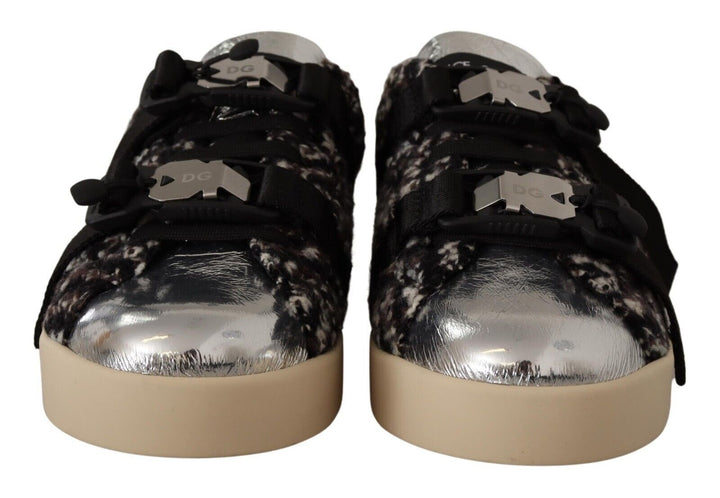 Dolce &amp; Gabbana Sample Sale Dolce &amp; Gabbana Silver Leather Brown Cotton Wool Sneakers Shoes - | Designer outlet