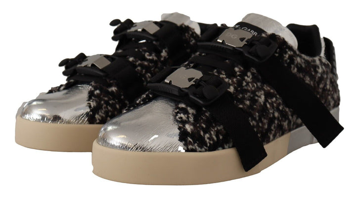Dolce &amp; Gabbana Sample Sale Dolce &amp; Gabbana Silver Leather Brown Cotton Wool Sneakers Shoes - | Designer outlet