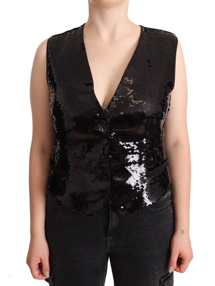Dolce &amp; Gabbana Black Sequin V-Neck Sleeveless Vest Tank Top by Dolce &amp; Gabbana outlet now on sale