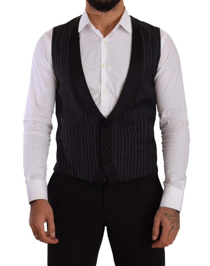 Dolce &amp; Gabbana Black Striped Wool Silk Waistcoat Vest by Dolce &amp; Gabbana outlet now on sale