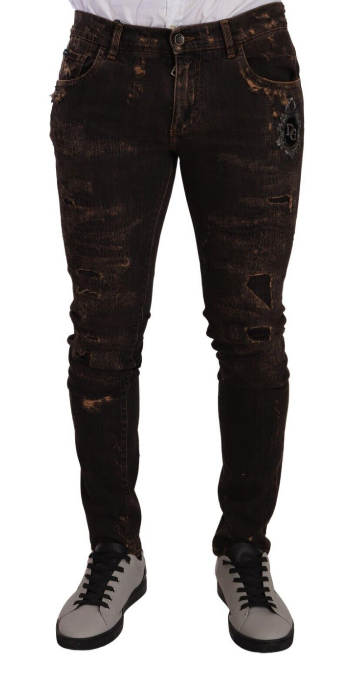 Dolce &amp; Gabbana Sample Sale Dolce &amp; Gabbana Brown Distressed Slim Fit Skinny Denim Jeans - | Designer outlet
