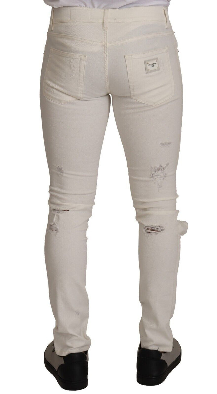 Dolce &amp; Gabbana Sample Sale Dolce &amp; Gabbana White Tattered Skinny Cotton Men Denim Jeans - | Designer outlet