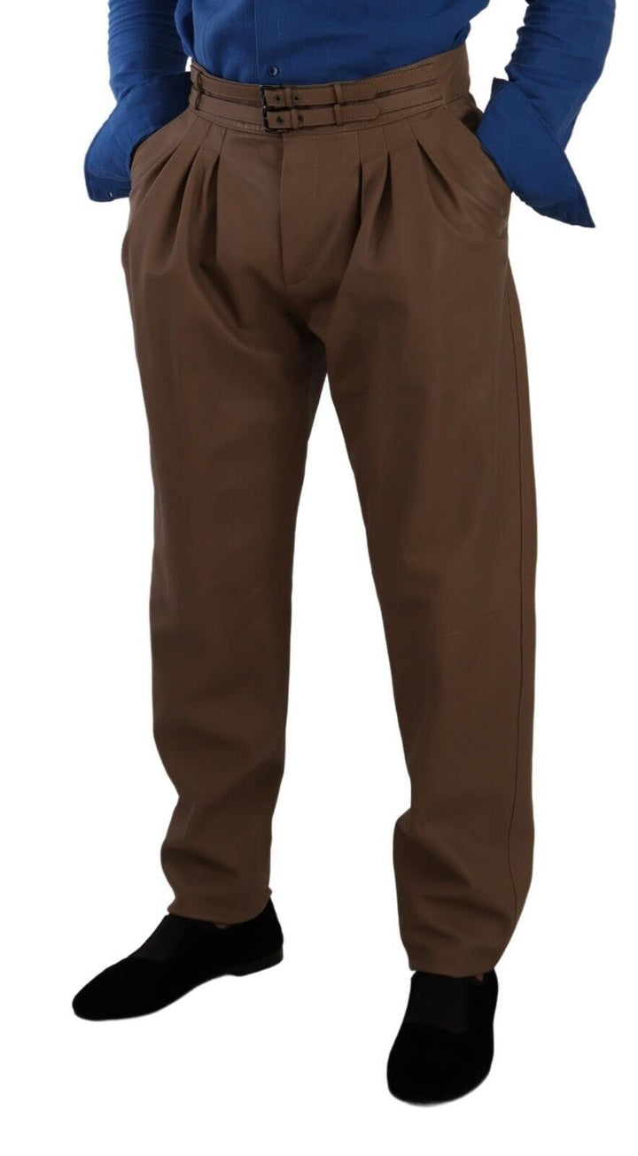 Dolce &amp; Gabbana Brown Leather Tapered High Waist Pants by Dolce &amp; Gabbana outlet now on sale