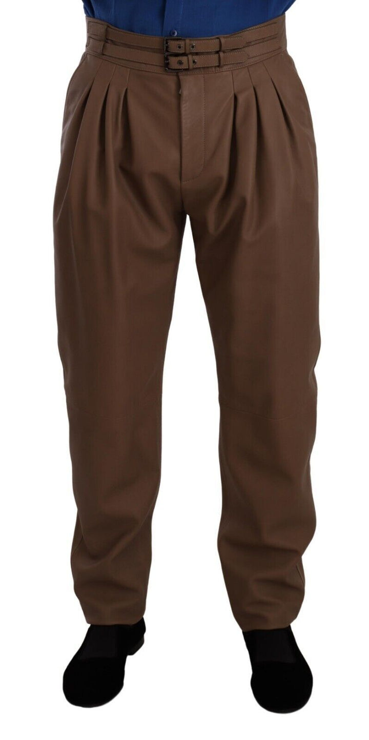 Dolce &amp; Gabbana Brown Leather Tapered High Waist Pants by Dolce &amp; Gabbana outlet now on sale