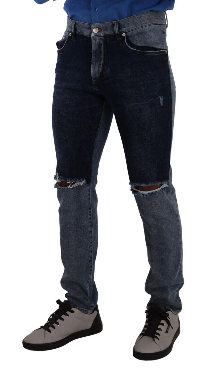 Dolce &amp; Gabbana Sample Sale Dolce &amp; Gabbana Blue Two Tone Tattered Cotton Slim Denim Jeans - | Designer outlet