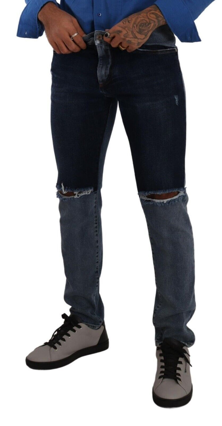 Dolce &amp; Gabbana Sample Sale Dolce &amp; Gabbana Blue Two Tone Tattered Cotton Slim Denim Jeans - | Designer outlet