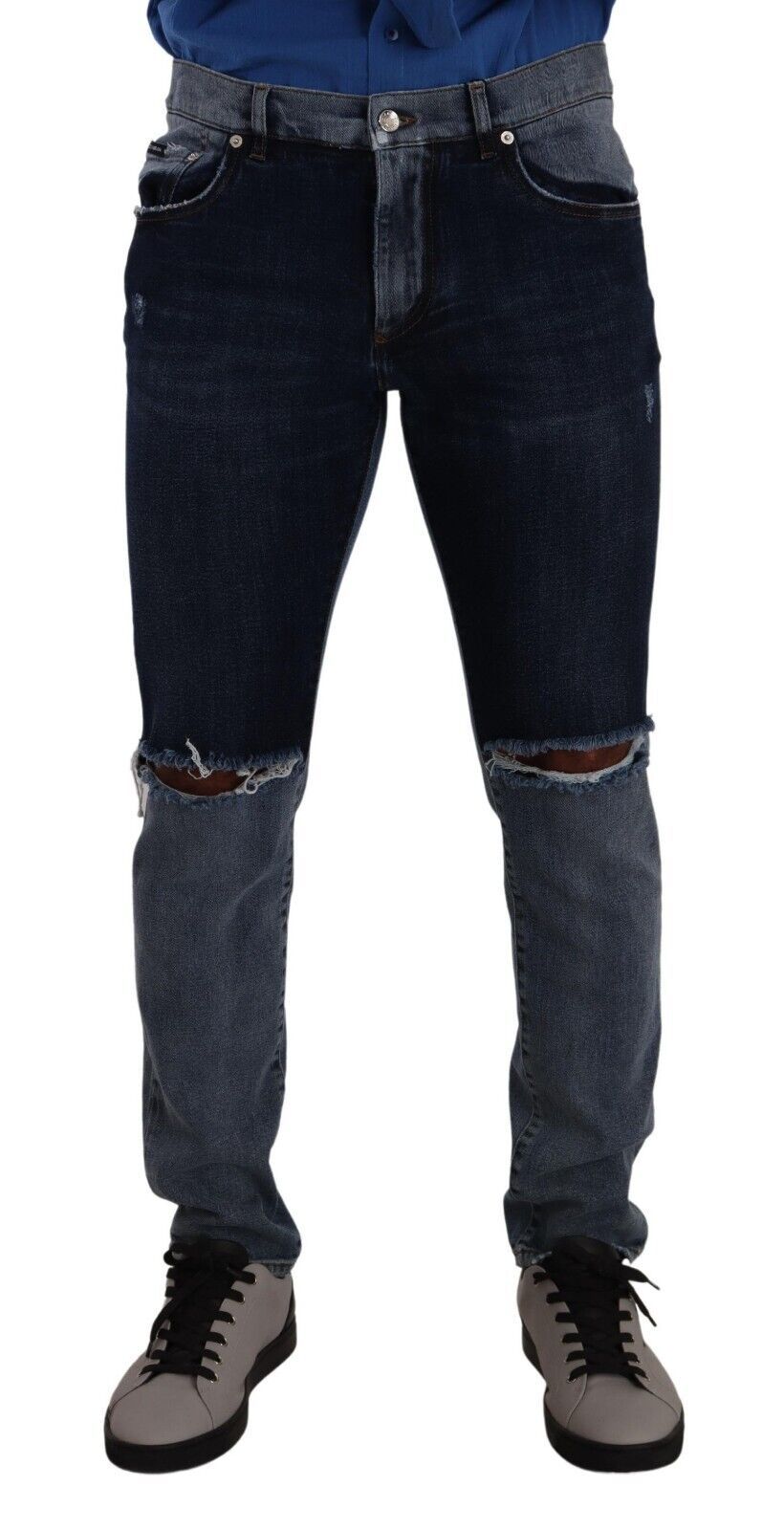 Dolce &amp; Gabbana Sample Sale Dolce &amp; Gabbana Blue Two Tone Tattered Cotton Slim Denim Jeans - | Designer outlet