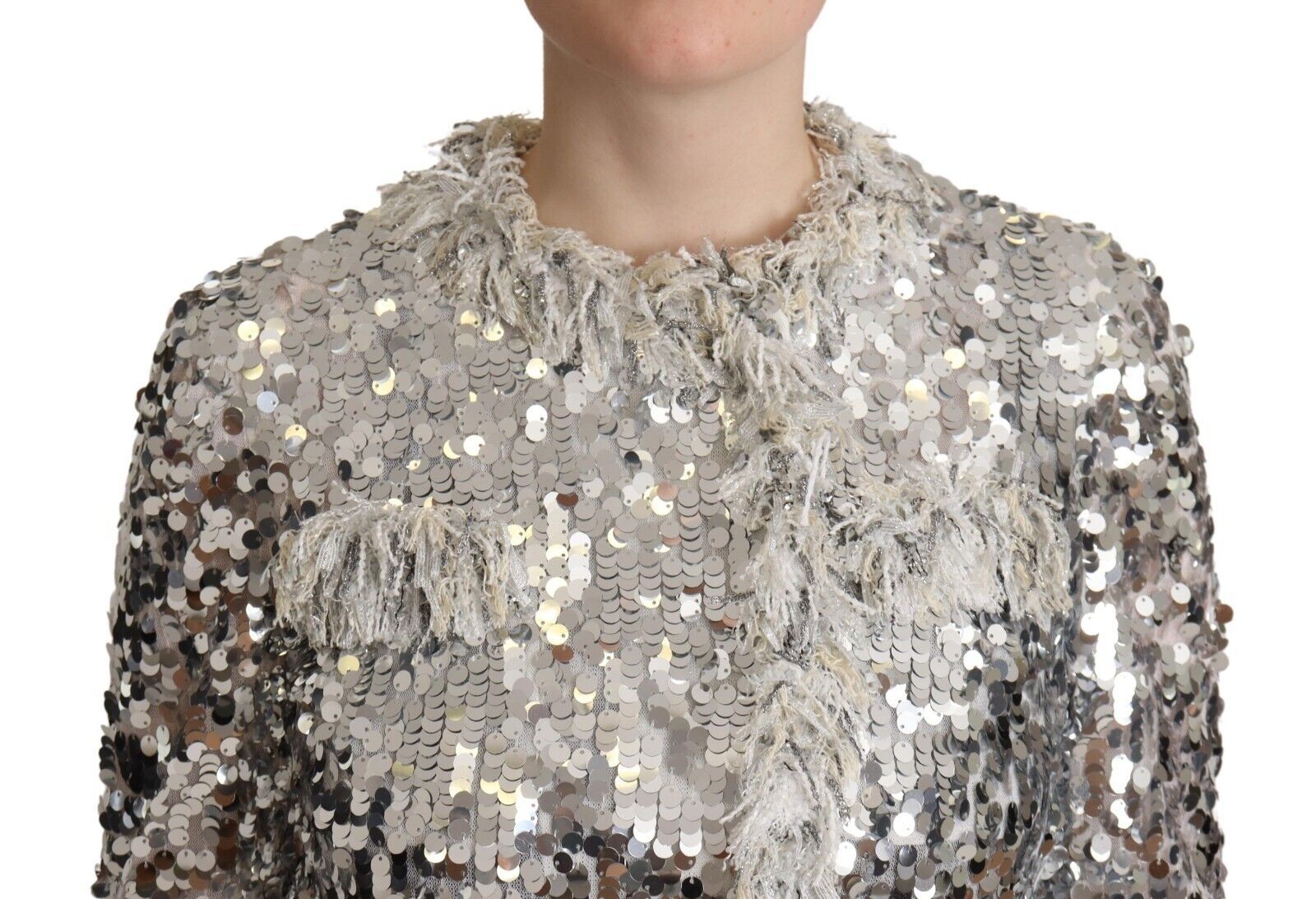【VIP価格】DOLCE & GABBANA Chic Silver Sequined Jacket Coat Dolce & Gabbana Chic Silver Sequined Jacket Coat | Luxury